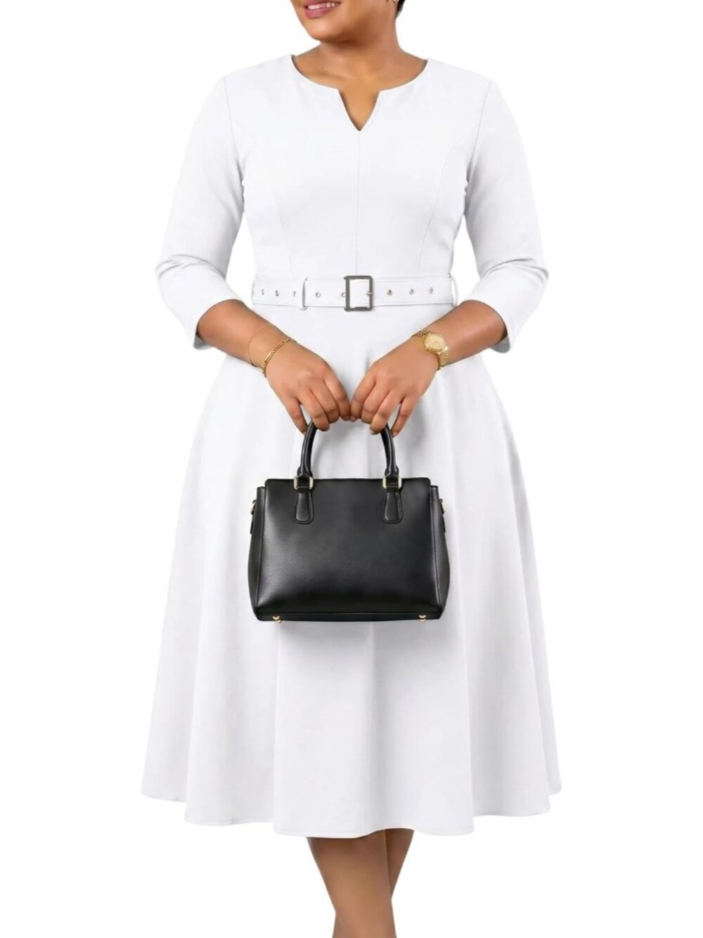 🆕Women's All White Fit and Flare Semi Formal Sleeve Midi Dress with Pockets